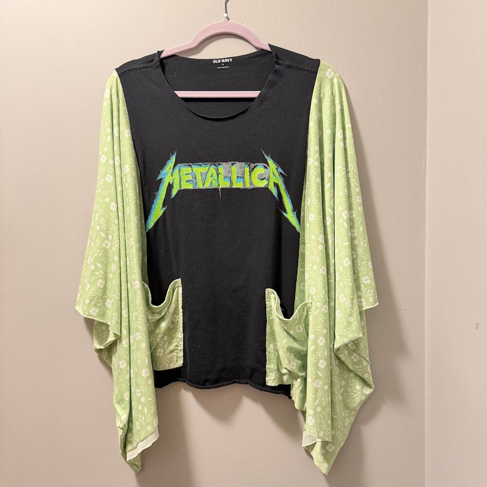 Metallica Poncho green floral upcycle pockets